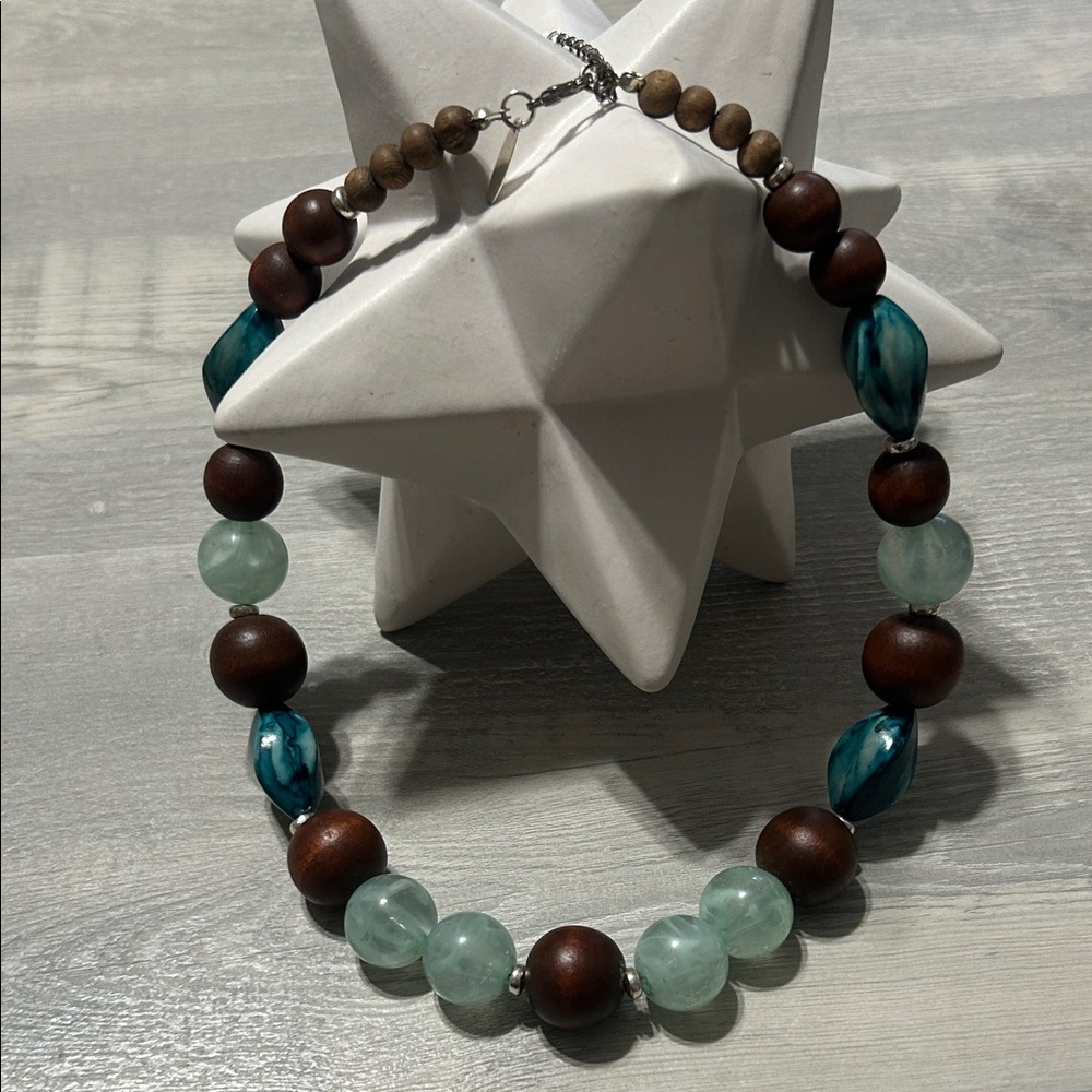 NY Wood Bead Necklace 18-20" Boho Aqua Teal